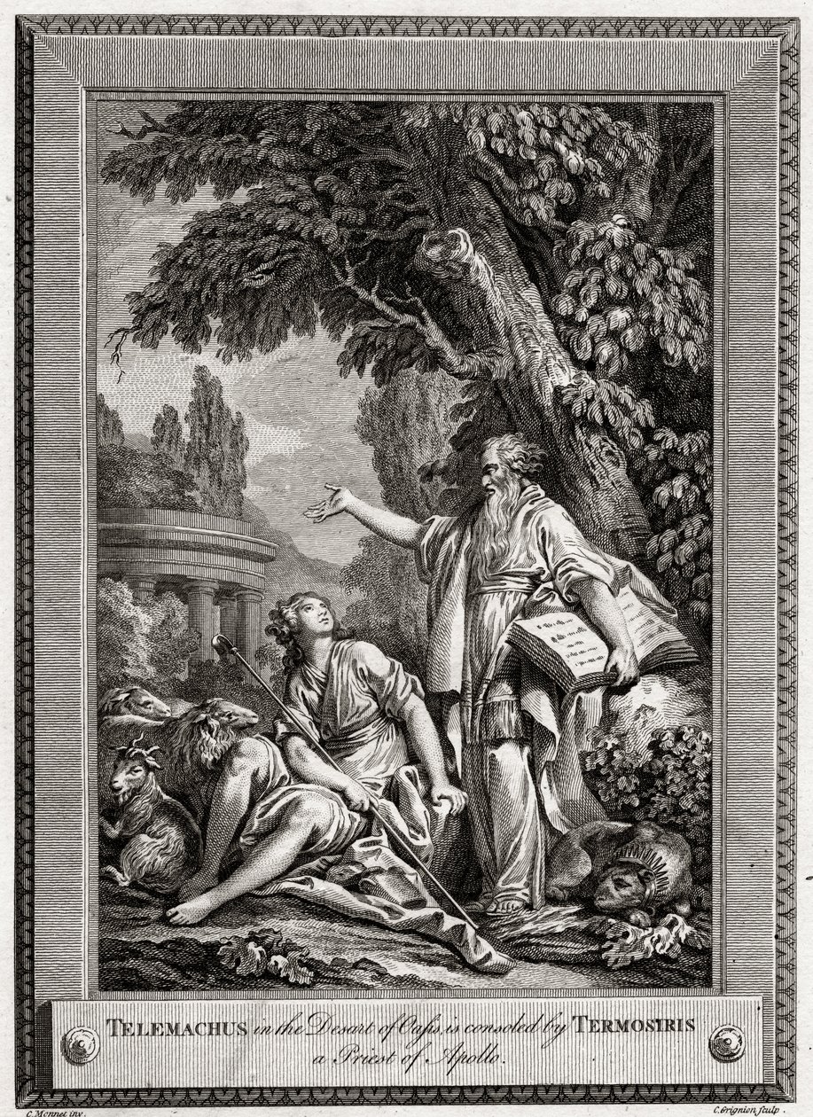 Telemachus, in de woestijn van Oasis, wordt getroost door Termosiris een priester van Apollo, 1774 door Charles Grignion