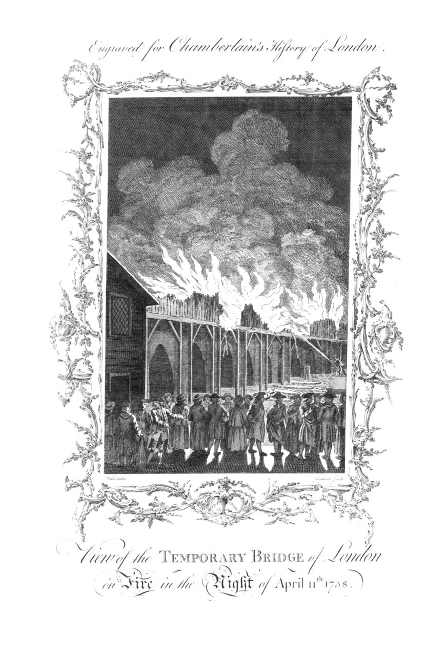 Uitzicht op de Tijdelijke Brug van Londen in Brand...1758, ca. 1770 door Charles Grignion