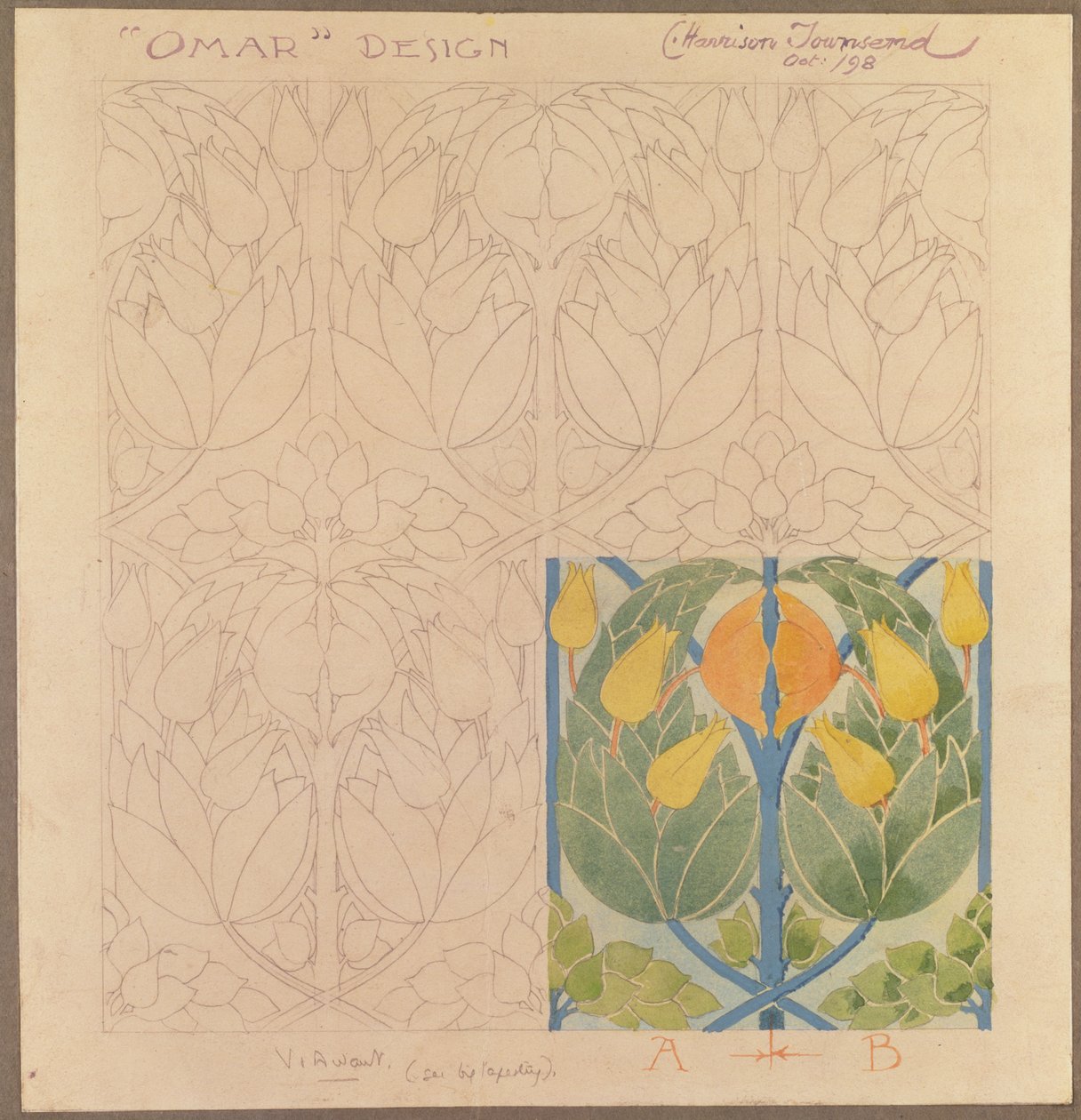 Omar, ontwerp voor een zijde- en wol dubbelweefsel, 1898 door Charles Harrison Townsend