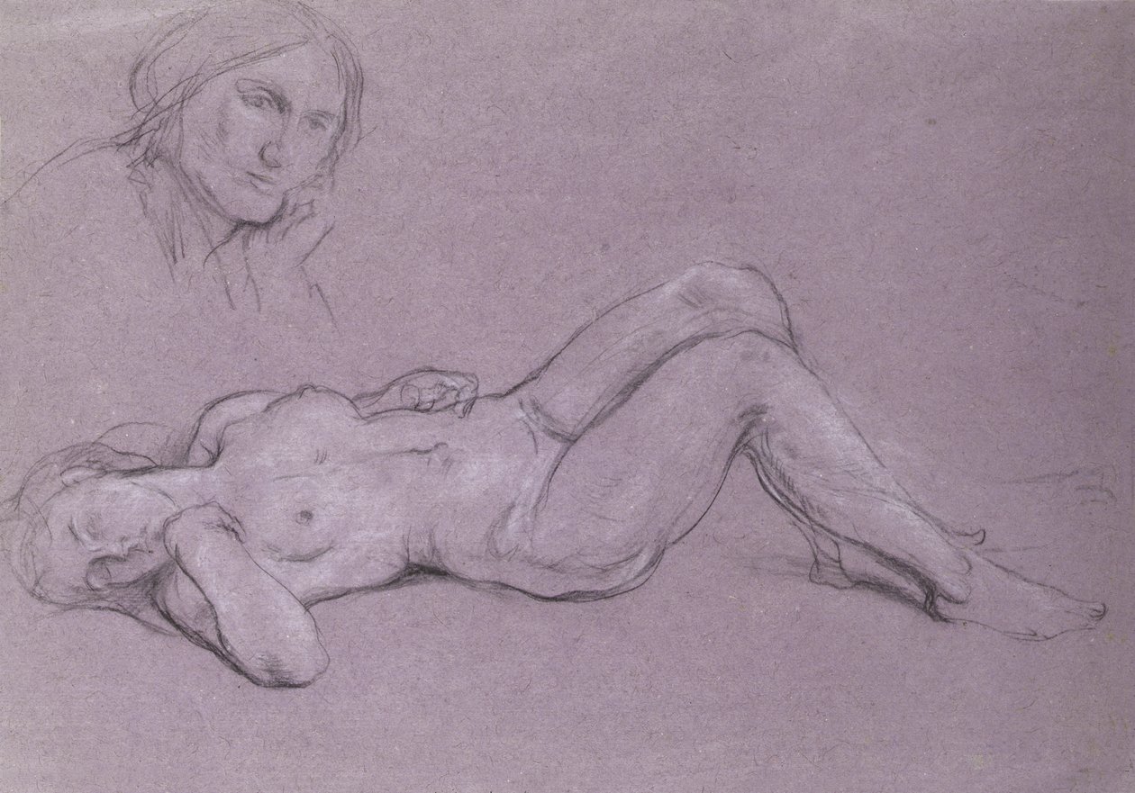 Studie van een liggende naakte vrouwelijke figuur, met een studie van een vrouwshoofd rustend op haar hand door Charles Haslewood Shannon