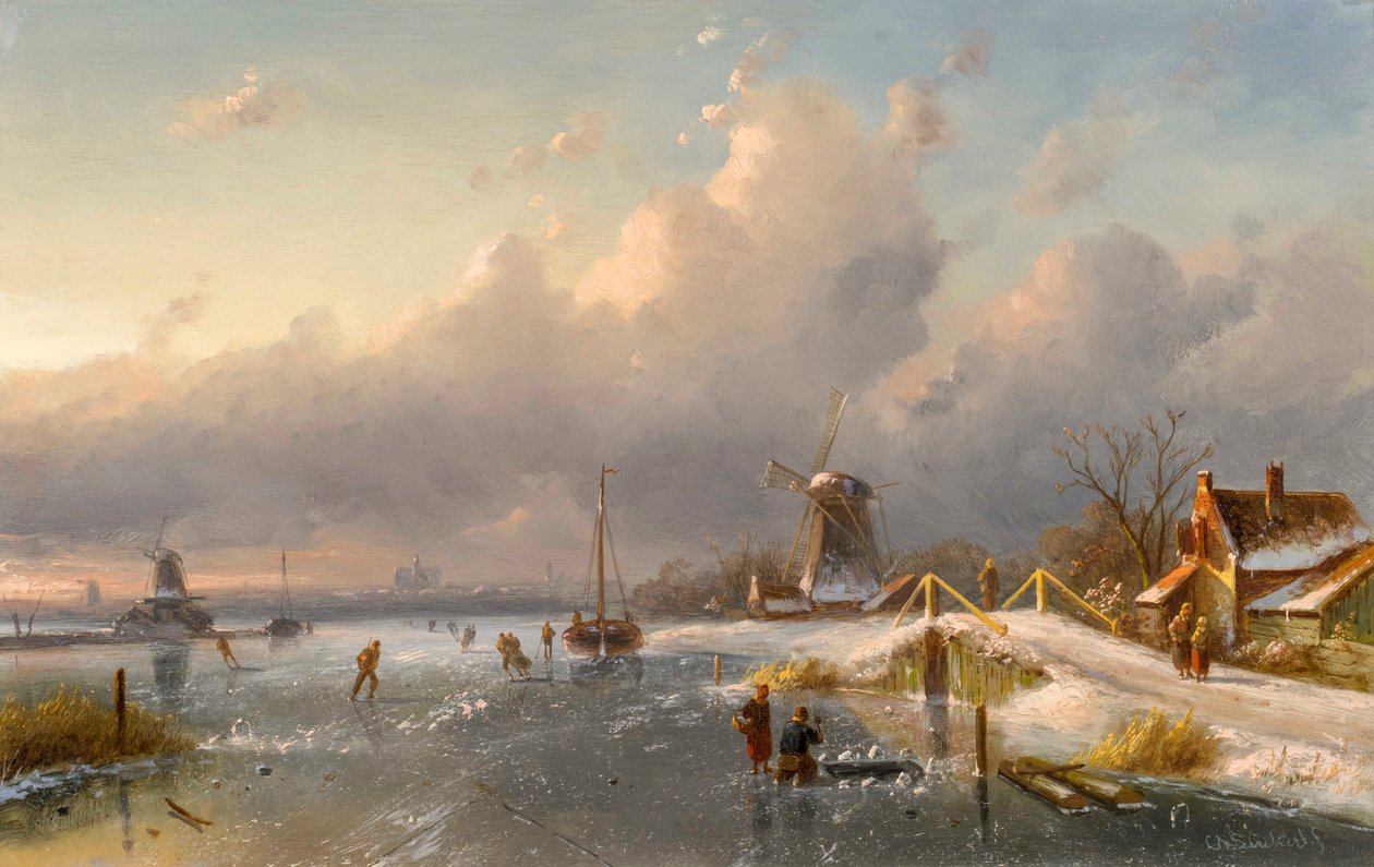 Een winterlandschap met molens en schaatsers op een bevroren waterweg, 1840s-50s door Charles Henri Joseph Leickert
