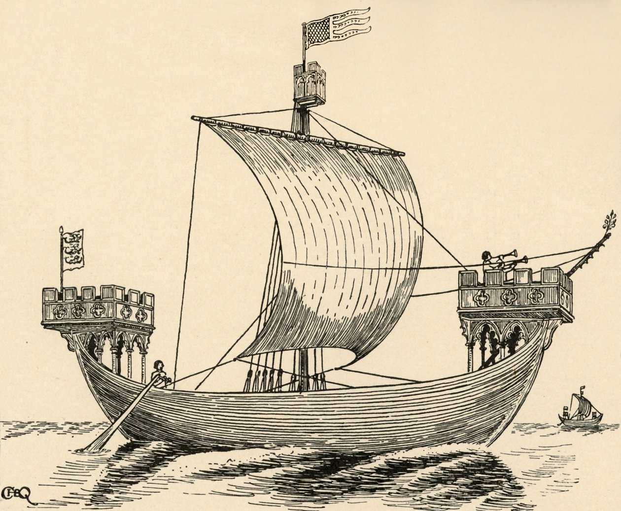 Een schip uit de tijd van Edward I, gebaseerd op het Dover-zegel, 1284, 1931 door Charles Henry Bourne Quennell