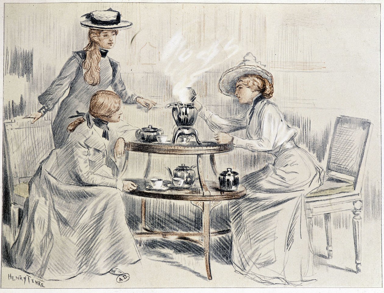 Dames die thee drinken rond een kleine samovar - tekening door Henri Tenré, ca. 1910 door Charles Henry Tenre