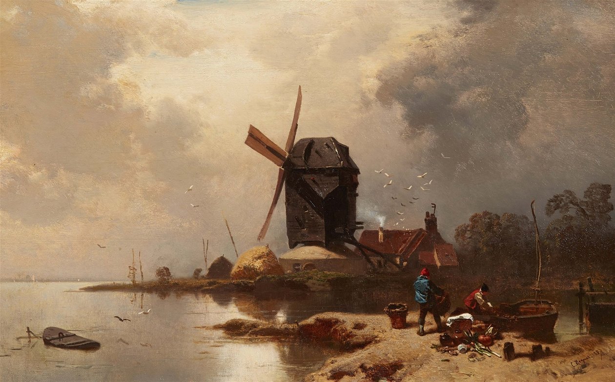 Duits: Bockwindmühle an einem Seeufer Postmolen aan de oever van een meer door Charles Hoguet