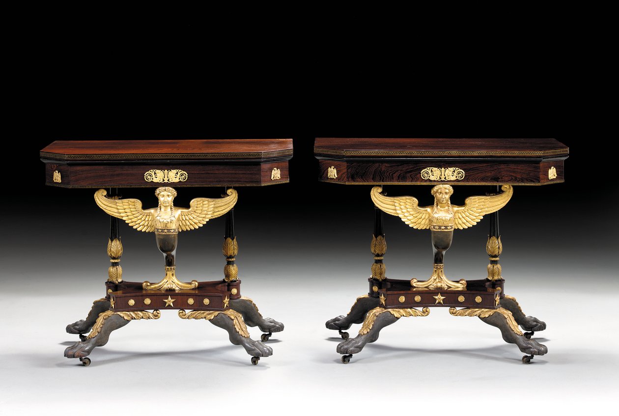 Twee klassieke gesneden kaarttafels, ca. 1815 door Charles Honore Lannuier