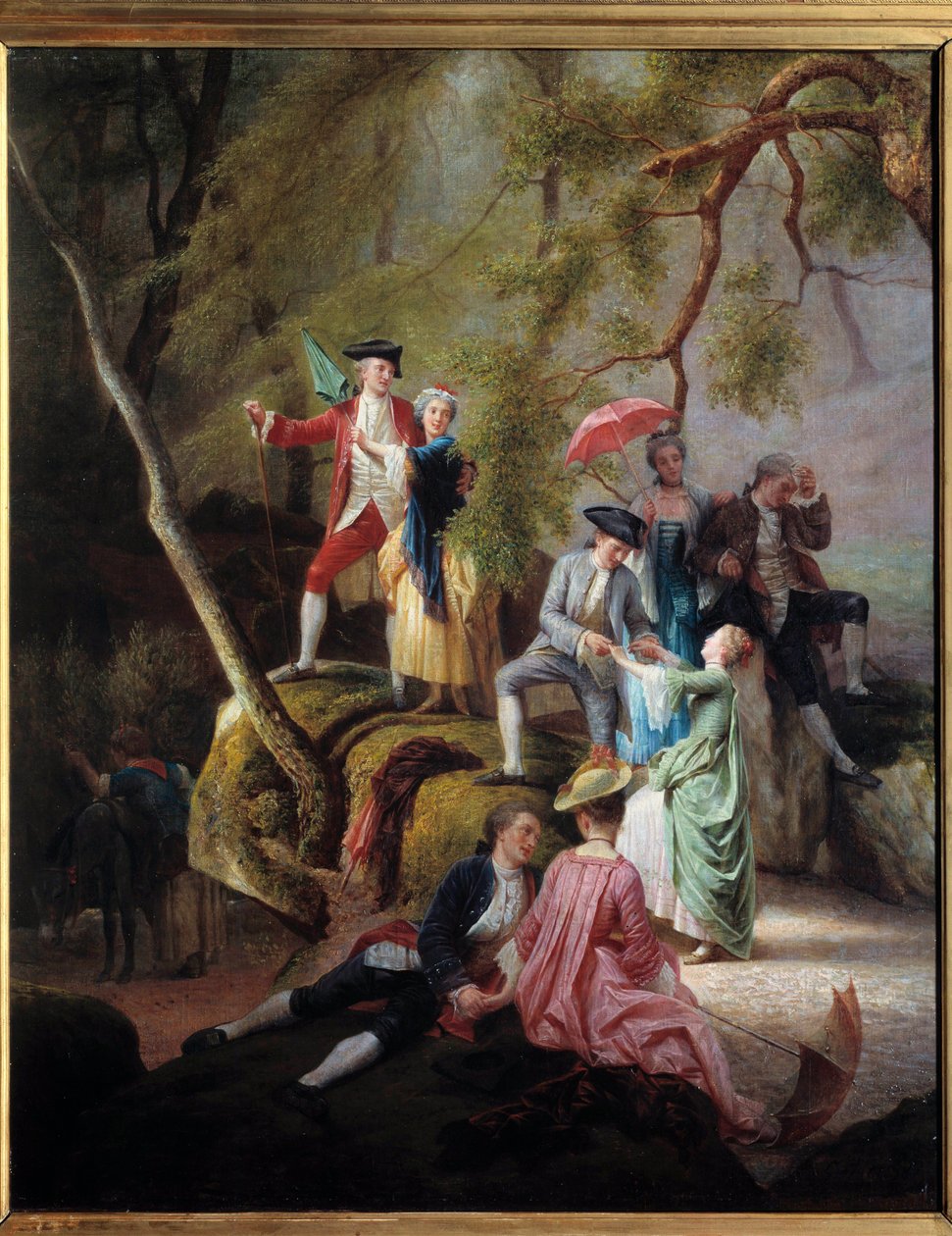 Landelijk vermaak Galante scène tijdens een wandeling van edelen. Schilderij door Charles Gustave Housez (1822-1880) 19e eeuw. Privécollectie door Charles Housez