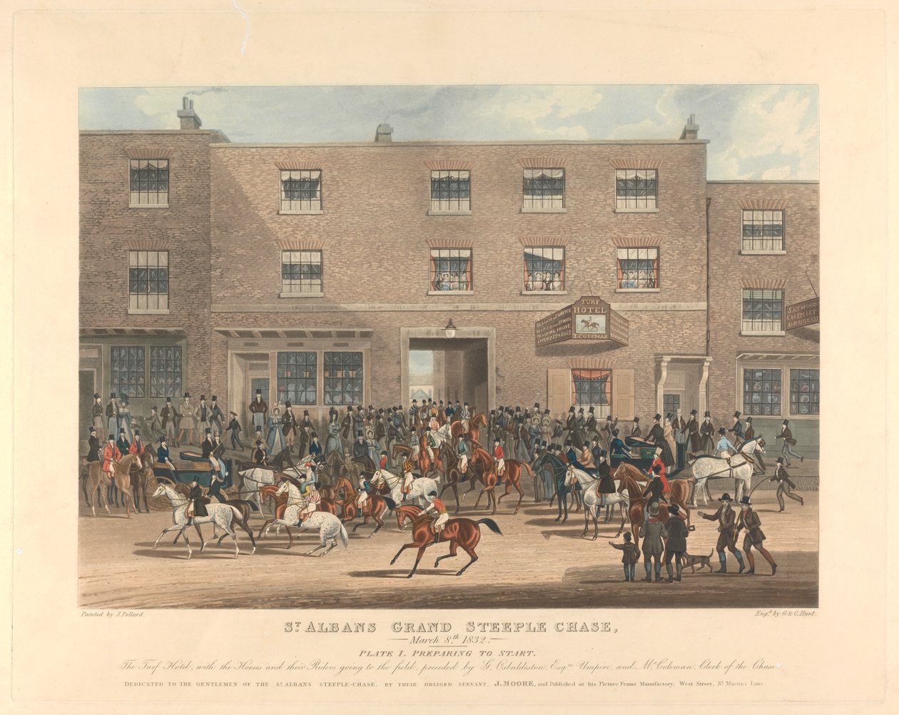Steeple-chasing [set van zes]: St. Albans Grand Steeple Chase. 8 maart 1832. Plaat 1. Voorbereiding om te starten... door Charles Hunt