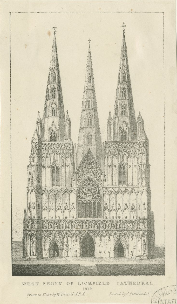 Lichfield Kathedraal - Westgevel: gravure door Charles Joseph Hullmandel