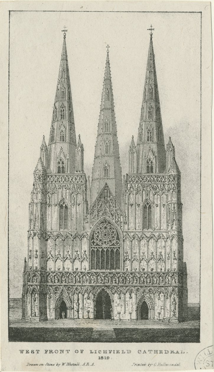 Lichfield Kathedraal - Westgevel door Charles Joseph Hullmandel