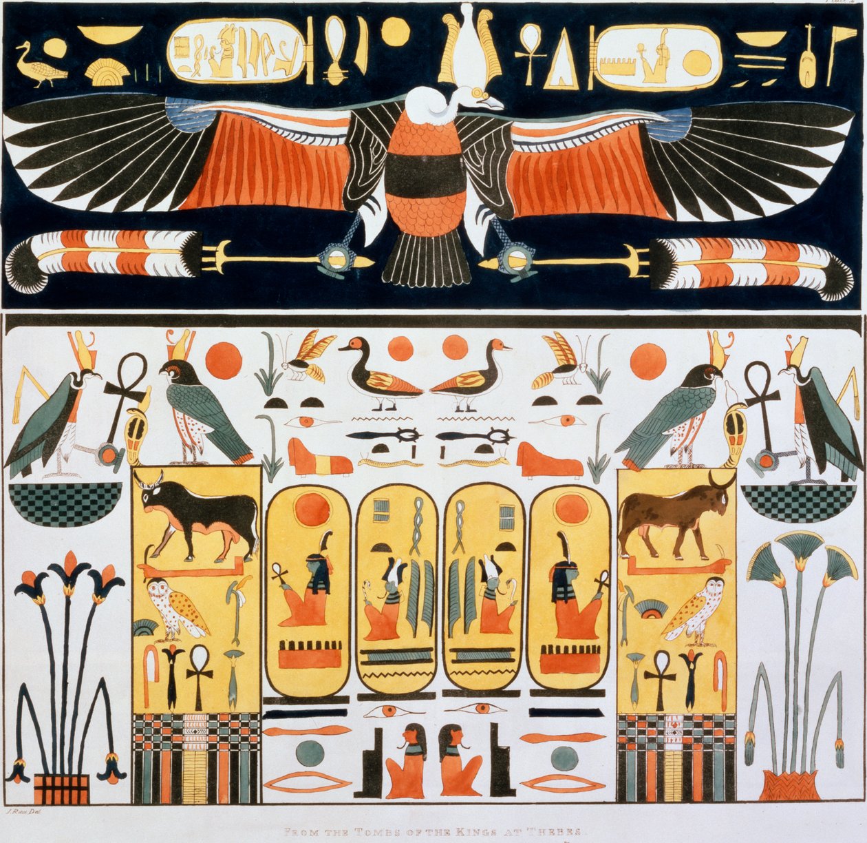 Muurschildering uit de Graven van de Koningen van Thebe, ontdekt door G Belzoni, 1820-1822 door Charles Joseph Hullmandel