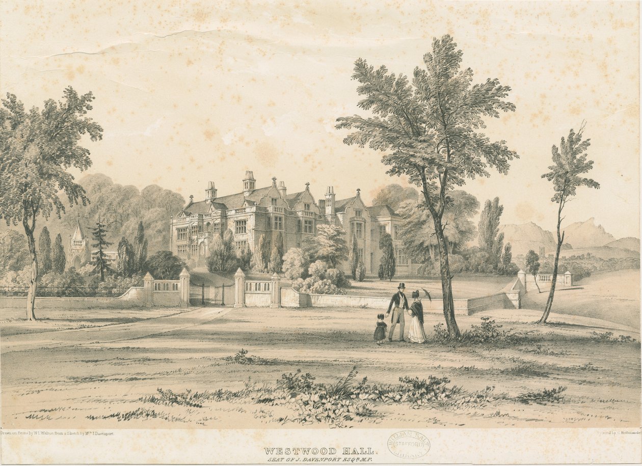 Westwood Hall: getinte lithografie door Charles Joseph Hullmandel