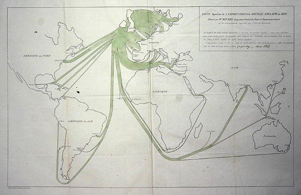 Kaart die de export van kolen uit de Britse eilanden in 1850 toont door Charles Joseph Minard