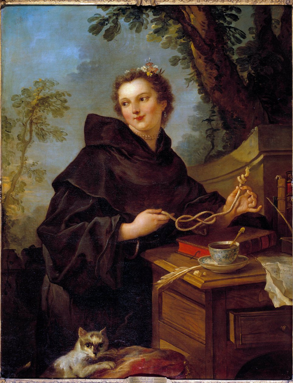 Portret van Louise Anne De Bourbon Conde, Mademoiselle De Charolais (1695-1758), kleindochter van Lodewijk XIV. Met in haar handen een zeeknoop (achtknoop). door Charles Joseph Natoire
