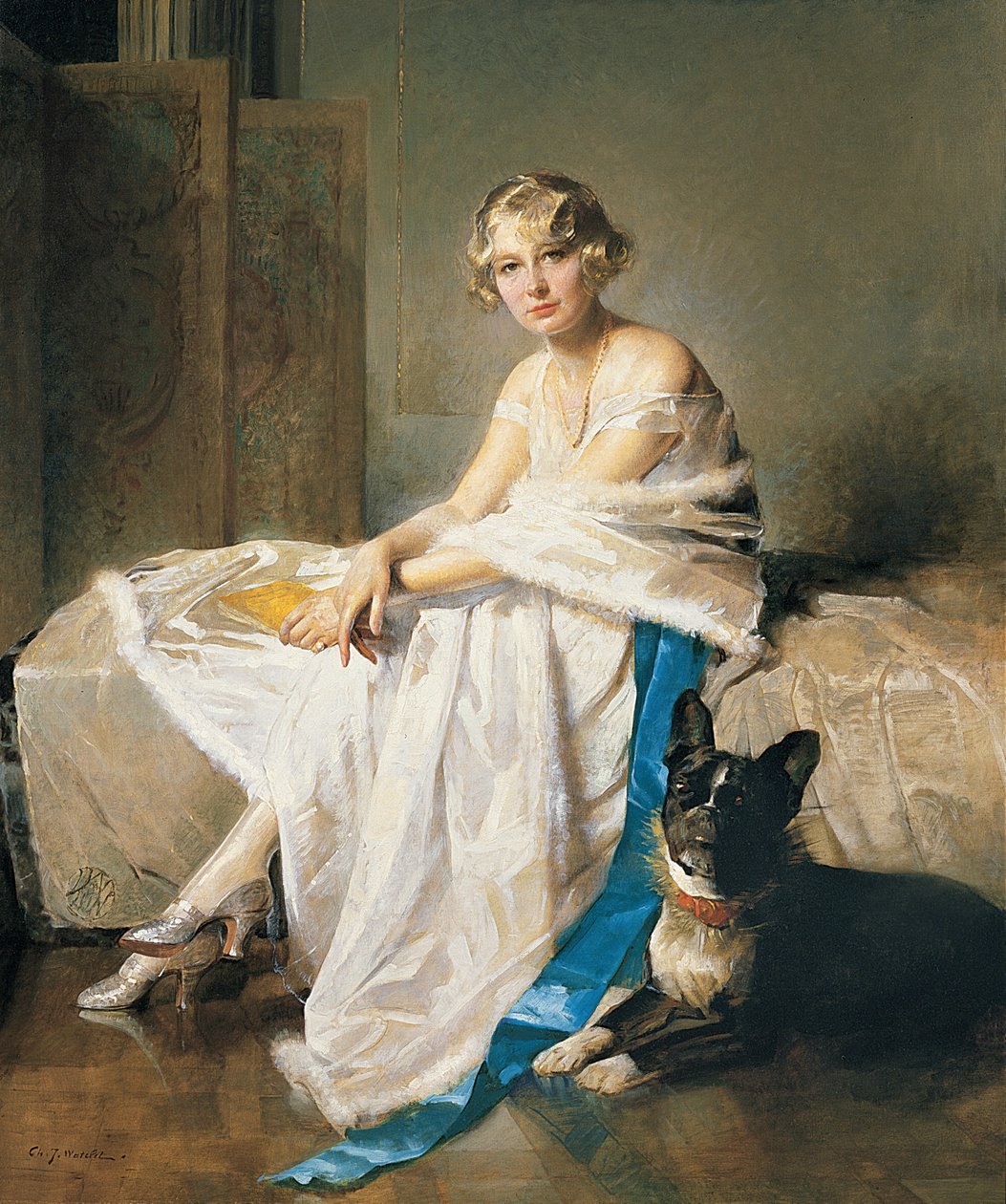 Een elegante dame met haar Franse bulldog in een interieur, ca. 1925 (olieverf op doek) door Charles Joseph Watelet