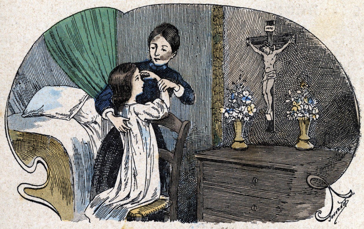 Het teken van het kruis. in "Alle religieuze lessen - Ik geloof in goden", sd., late 19e eeuw illustratie van Jouvenot. Catechismusbibliotheek. Parijs. Leemage Collectie door Charles Jouvenot