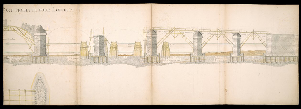 Ontwerpen van de geplande brug over de rivier de Theems in Londen door Charles Labelye