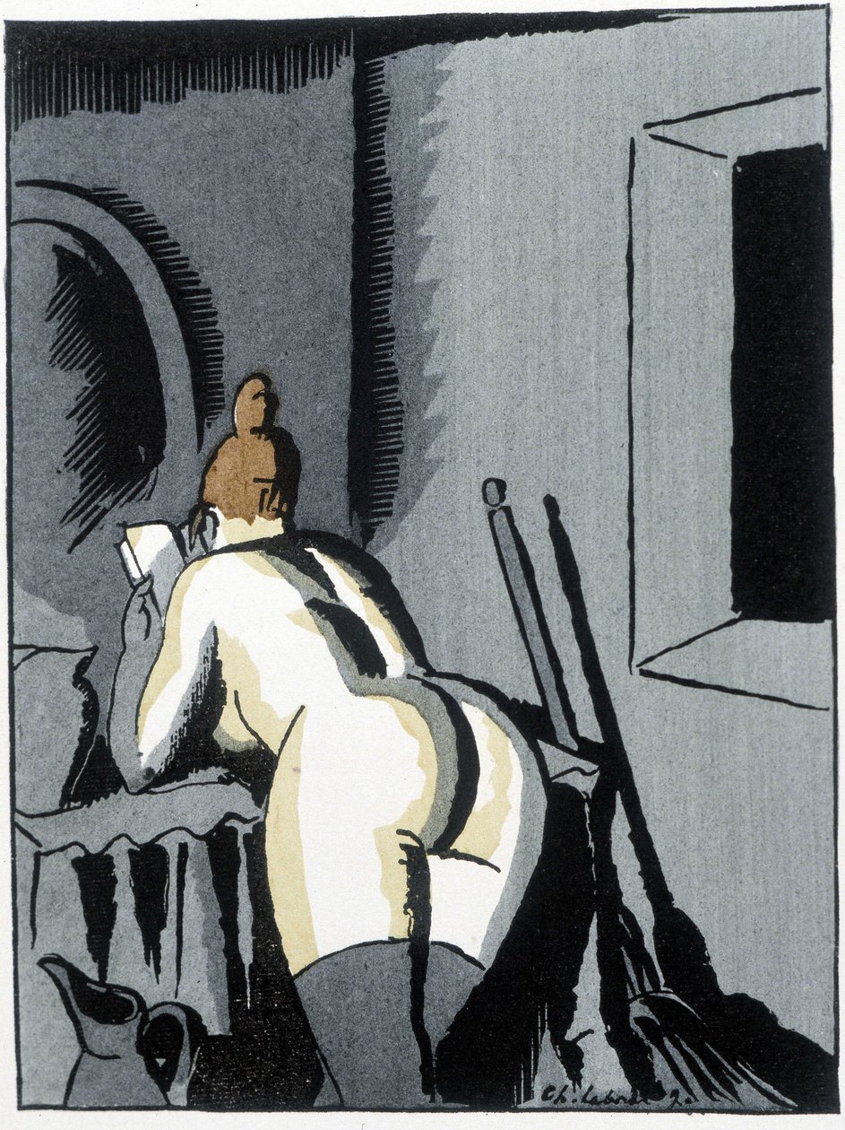 Naakte vrouw, rug, lezend - in 