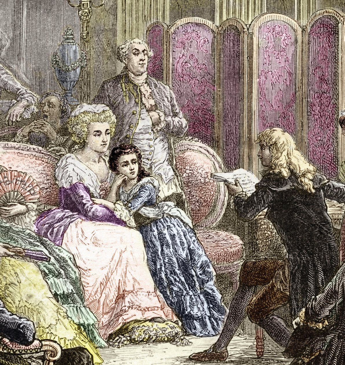 De salon van Suzanne Curchod en Madame Necker (gravure) door Charles Laplante
