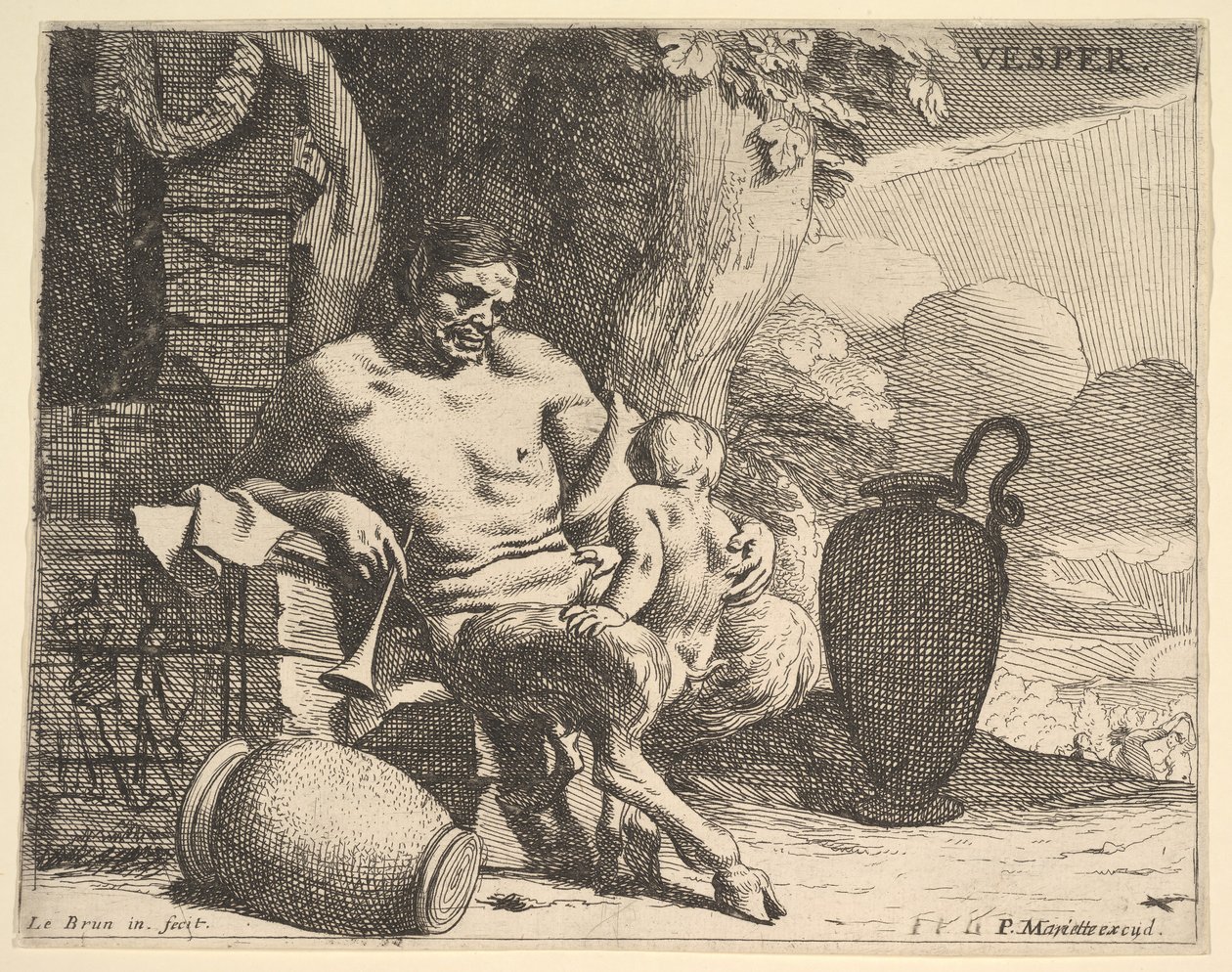 Avond: een zittende sater omhelst zijn kind, een figuur hangt een slinger aan een pier door Charles Le Brun