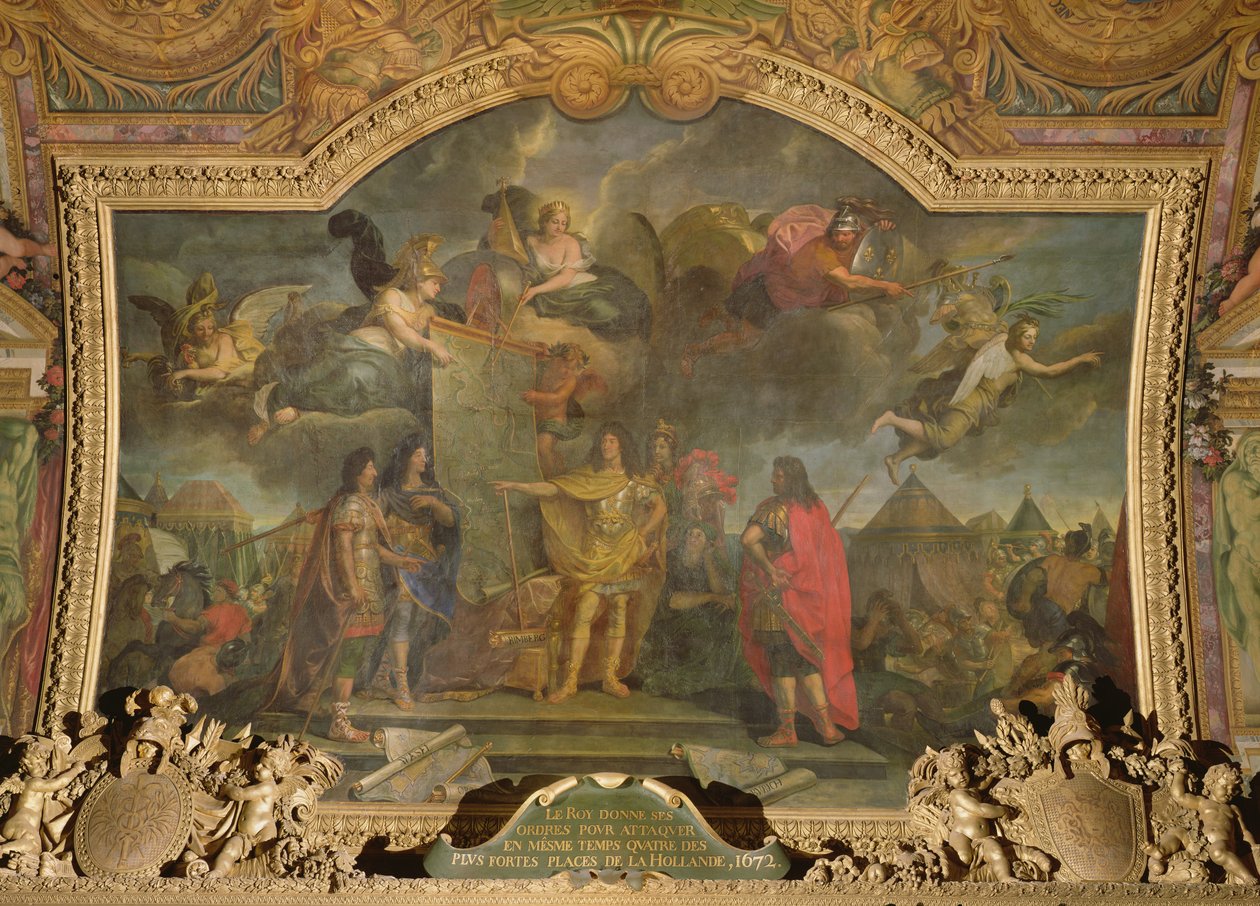 Koning Lodewijk XIV (1638-1715) geeft bevel om gelijktijdig vier van de sterkste Nederlandse posities aan te vallen in 1672, plafondschildering uit de Galerie des Glaces door Charles Le Brun