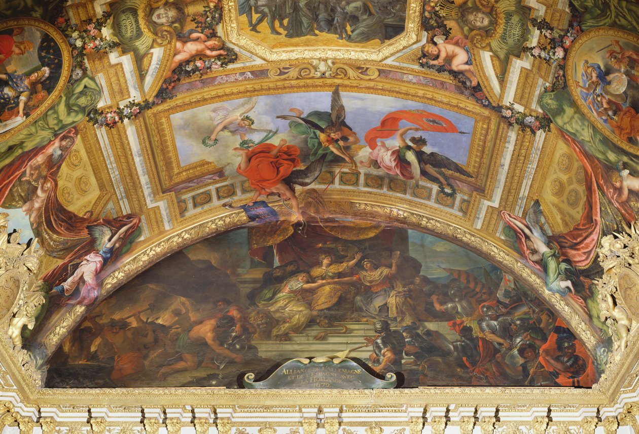 De Alliantie van Duitsland en Spanje met Nederland, 1672, Plafondschildering uit de Galerie des Glaces door Charles Le Brun