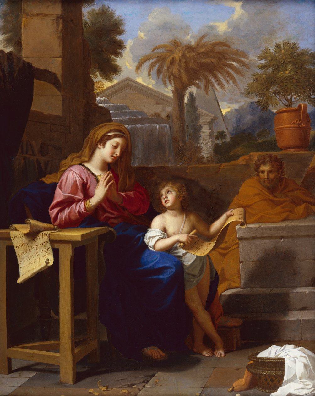De Heilige Familie in Egypte met het kind Jezus die een Hebreeuwse tekst leest door Charles Le Brun