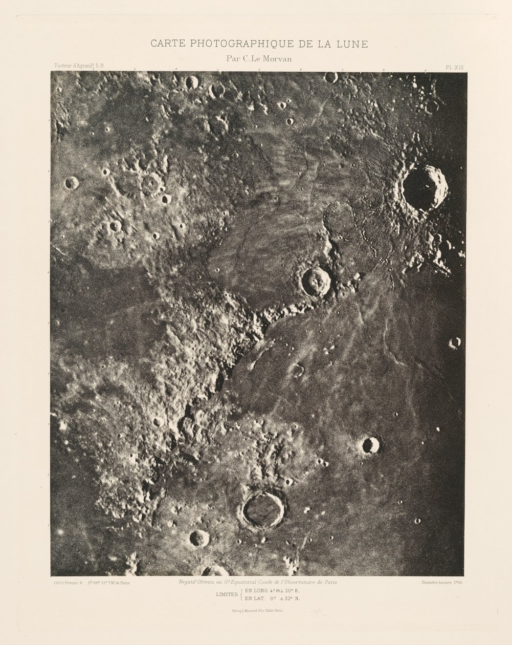 Fotografische kaart van de maan, plaat XIII,6 februari door Charles le Morvan