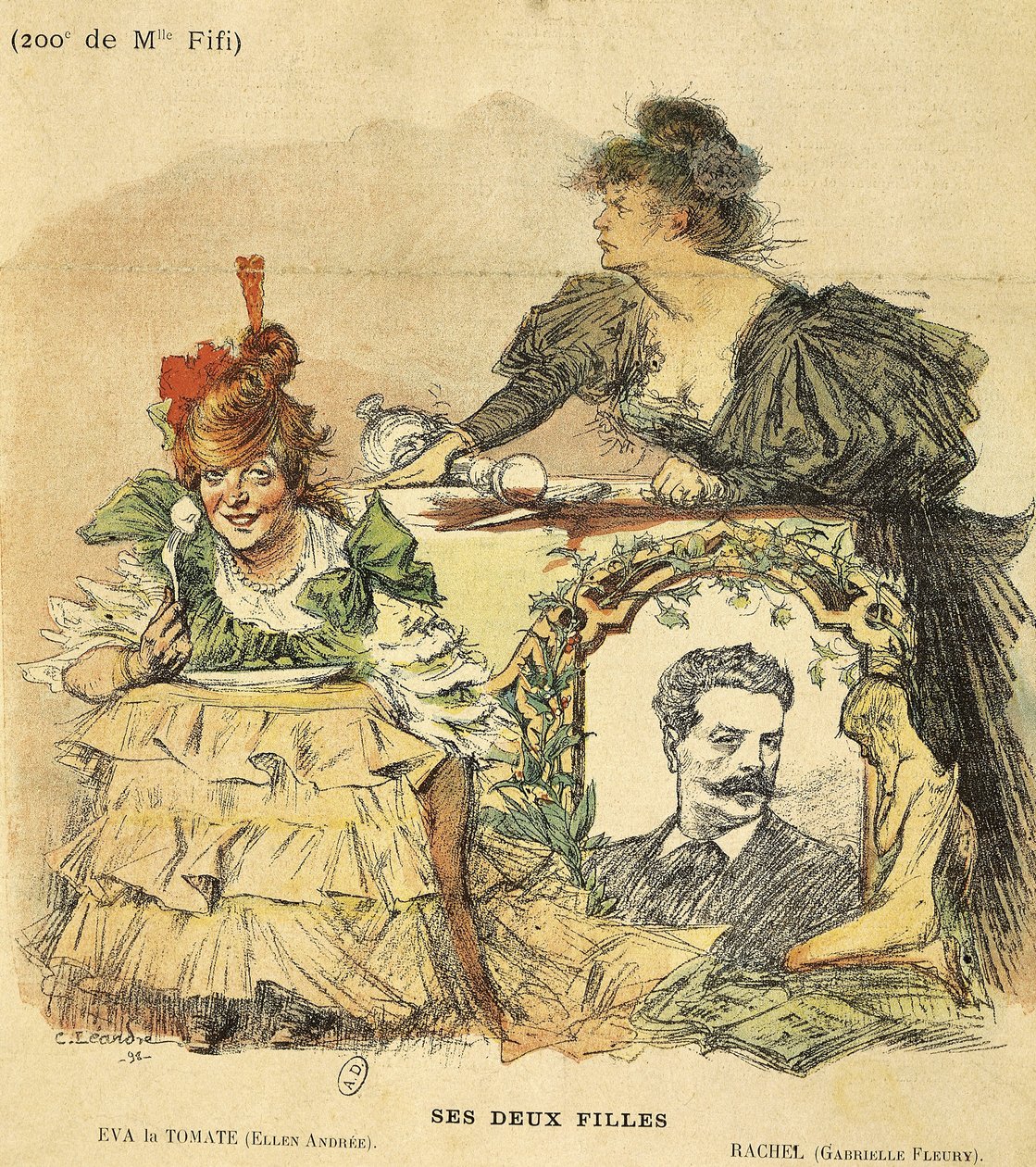 Cartoon voor de tweehonderdste voorstelling van Mademoiselle Fifi, naar de roman van Guy de Maupassant door Charles Leandre