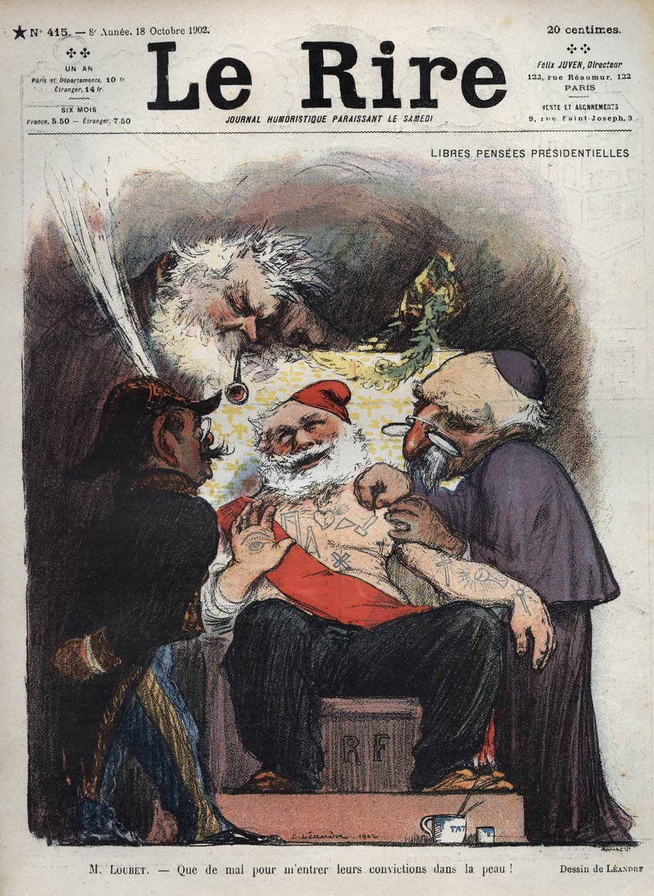 Emile Loubet - Gratis presidentiële pensioenen - Meneer Loubet - Het is moeilijk om hun overtuigingen in mijn huid te krijgen! - (Charles Leandre (1862-1934) bespot de staat, de kerk en het leger aan het bed van president LOUBET, bedekt met maçonnieke en a door Charles Leandre