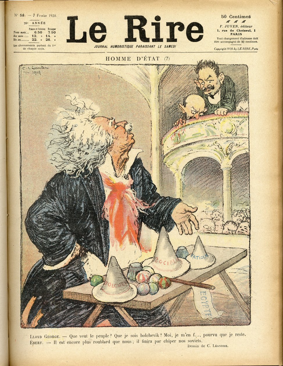 Illustratie voor de omslag van Le Rire, 07/02/1920 - Staatsman - David Lloyd George en Ebert Friedrich (1871-1925) door Charles Leandre