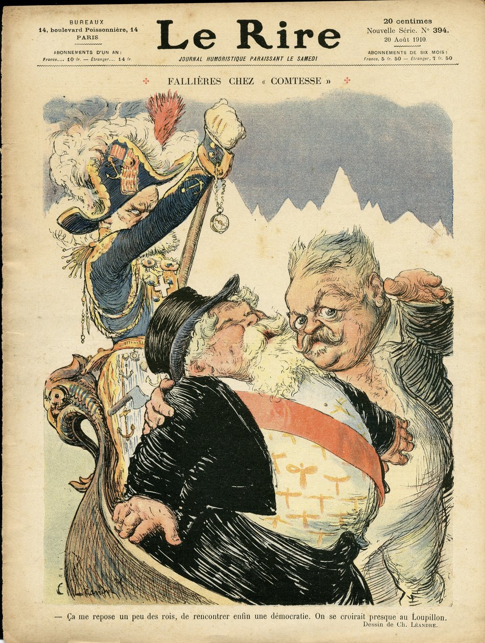 Illustratie van Charles Leandre (1862-1934) voor de Omslag van Le Rire, 20/08/10 - Fallieres bij de Gravin - Italië, President van de Republiek, Hoed, Identifier, Venetië - Fallieres Armand (1841-1931) door Charles Leandre