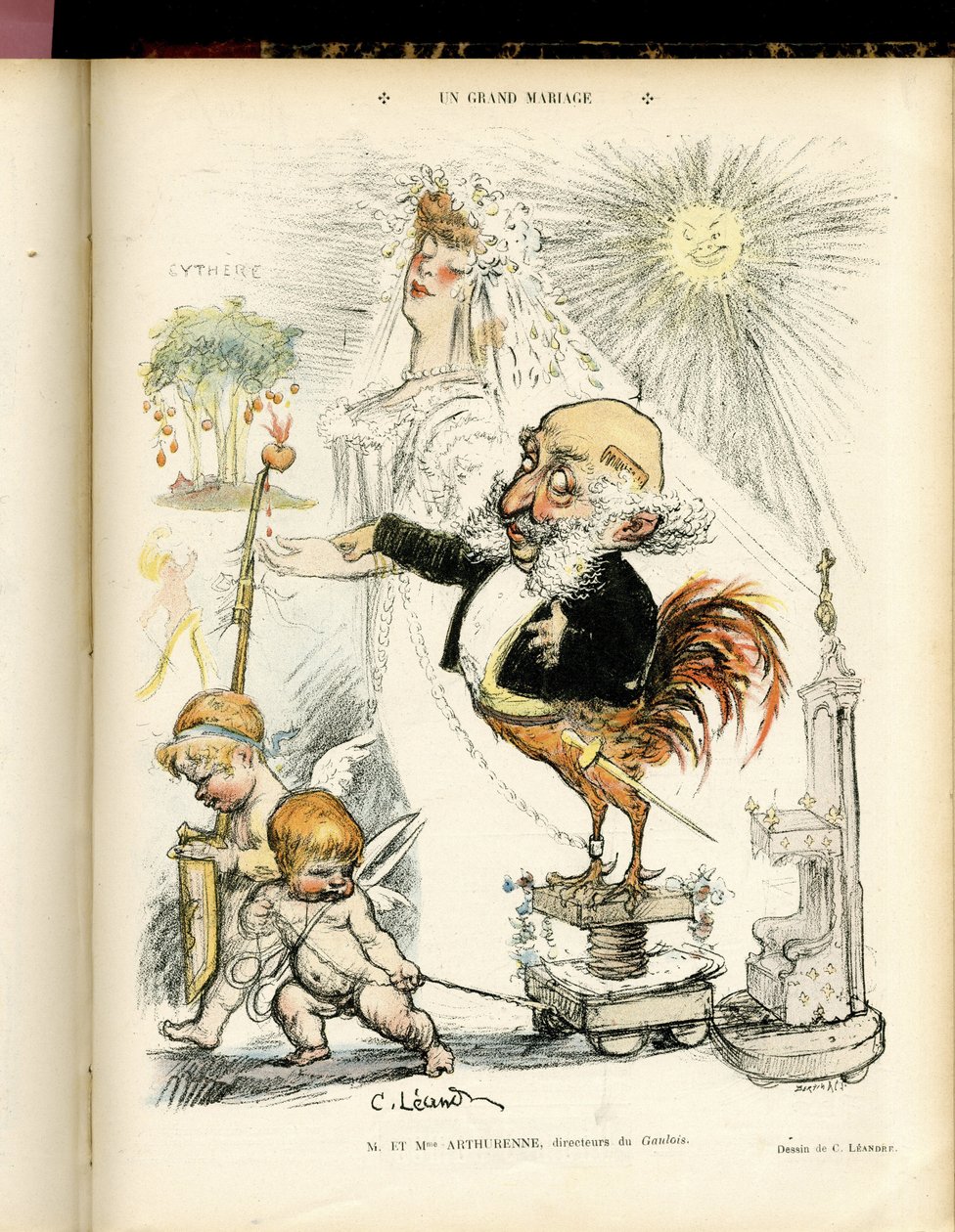 Illustratie van Charles Leandre (1862-1934) in Le Rire, 22/10/04 - Un grand mariage - Huwelijk - Coq, Meyer Arthur - Animalisatie door Charles Leandre