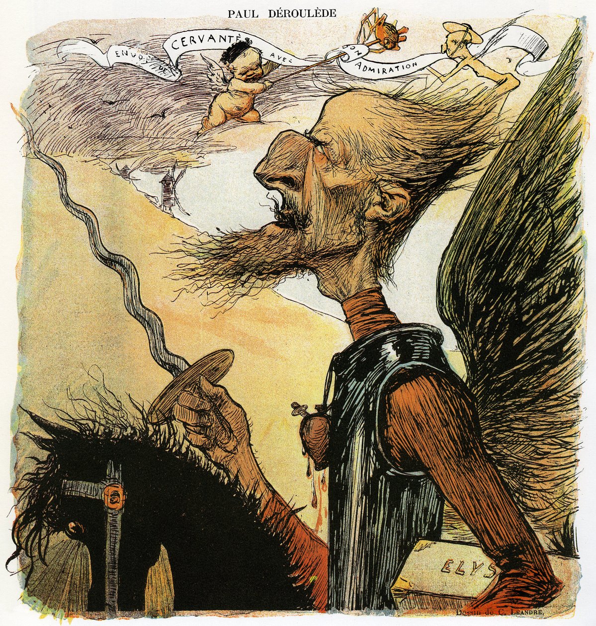 Paul Deroulede (1846-1914), Franse schrijver en nationalistische activist, een belangrijke figuur in het antidreyfusisme, karikatuur door Charles Leandre als ridder Don Quichot: op weg om tegen windmolens te vechten, draagt hij onder zijn arm een koffer ge door Charles Leandre
