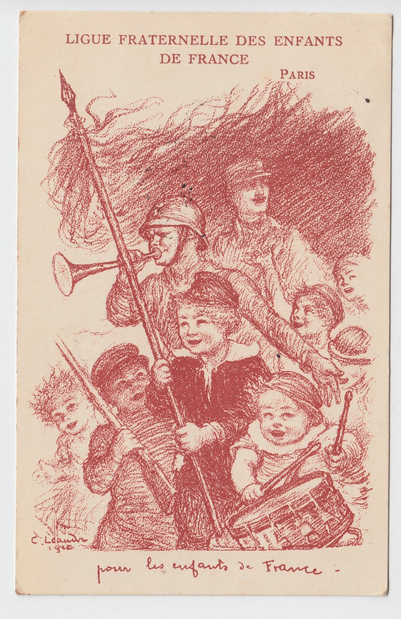 Ansichtkaart, Satirisch in Kleuren: Ligue fraternelle des enfants de France - Oorlog van 14-18, Kindertijd, Patriottische dagen Illustratie door Charles Leandre (1862-1934) door Charles Leandre