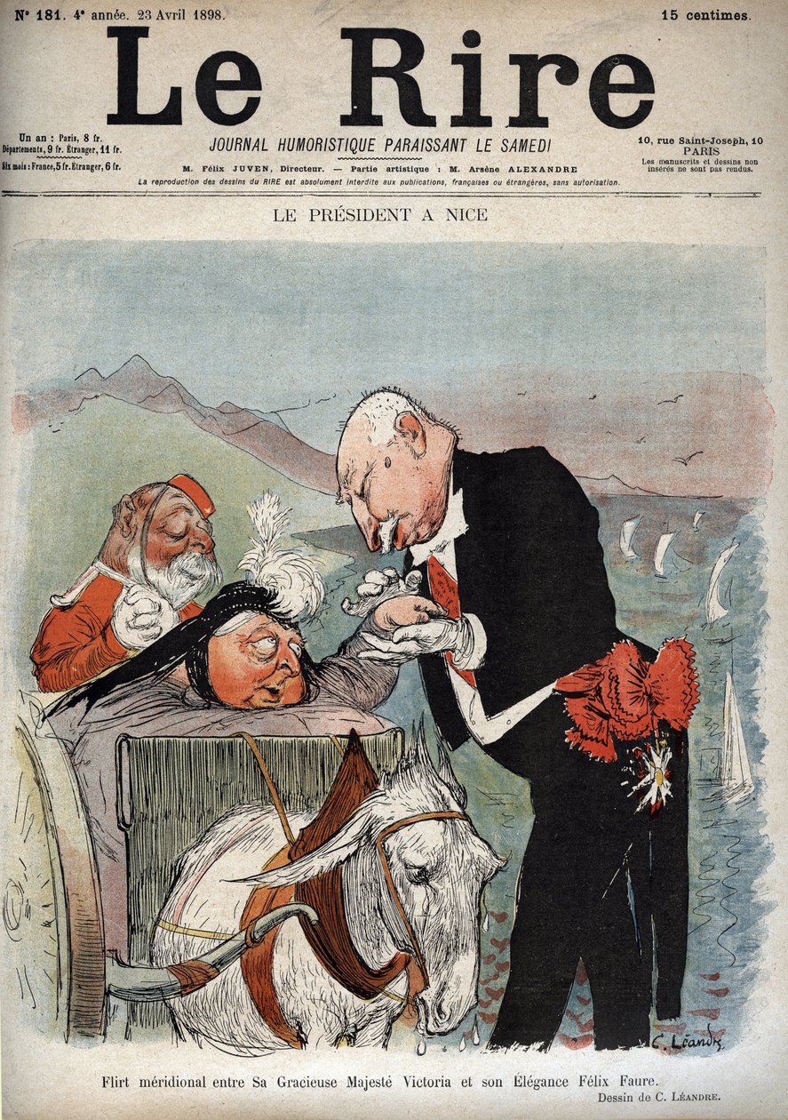 De president in Nice - Franse president Felix Faure ontmoette koningin Victoria in Nice - Cartoon door Charles Leandre (1862-1934) in 