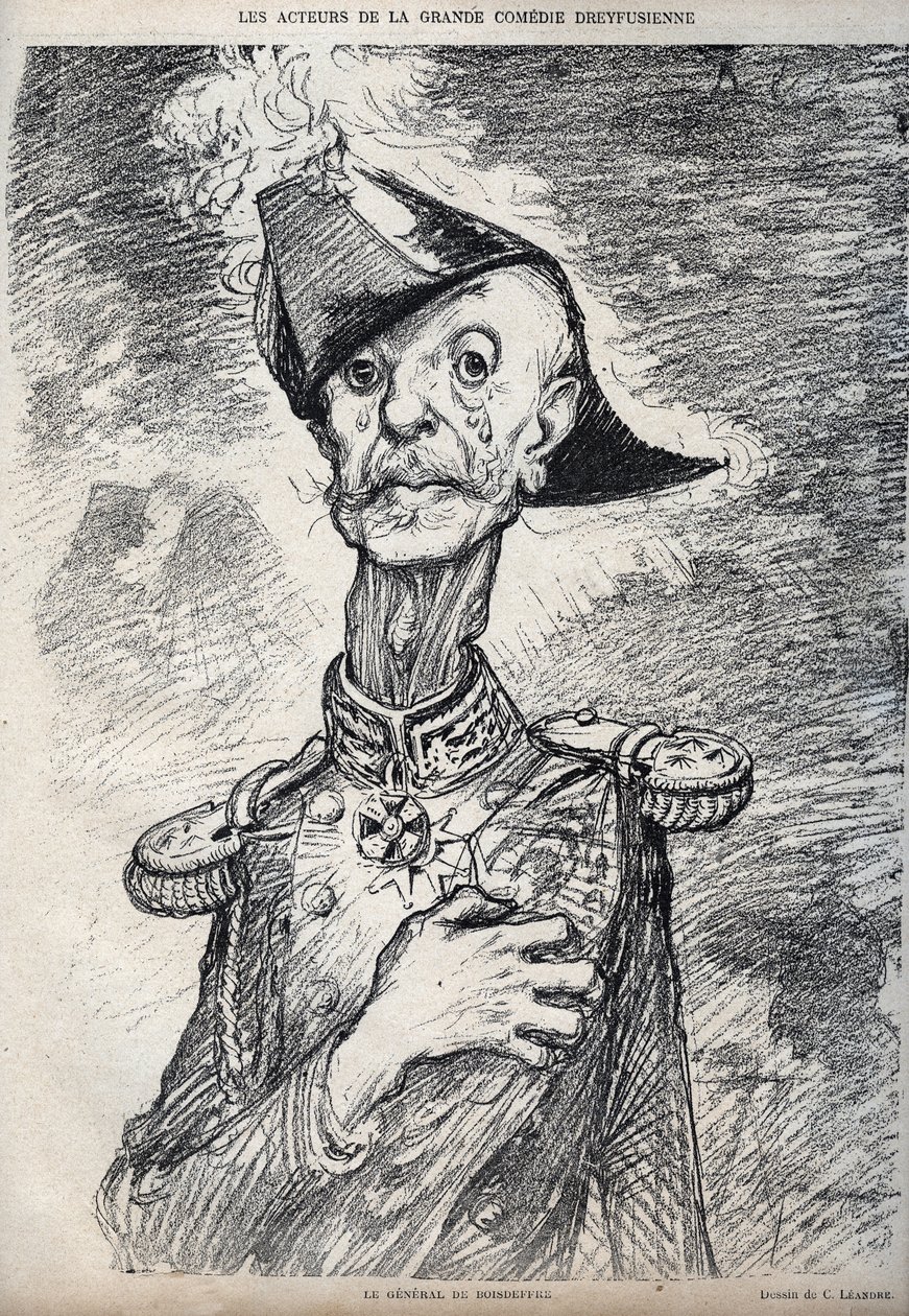 De acteurs van de grote Dreyfus-komedie - Portret van Raoul Le Mouton de Boisdeffre (Generaal de Boisdeffre) (1839-1919), Franse militair - cartoon door Charles Leandre (1862-1934) in 