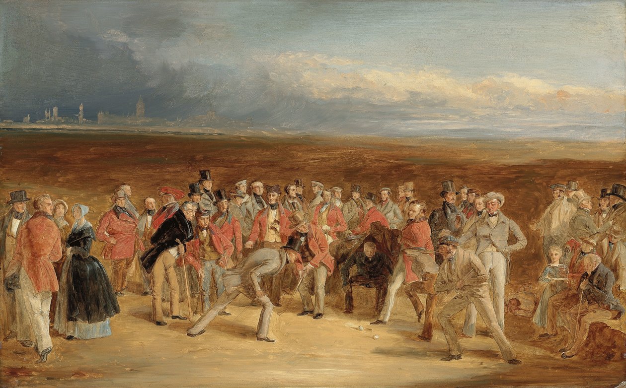 De voltooide schets voor The Golfers: A Grand Match gespeeld op de St. Andrews Links door Sir David Baird, Bt. en Sir Ralph Anstruther, Bt. van Balcaskie, tegen Major Playfair en John Campbell, Esq., van Glensaddell, in 1850 door Charles Lees
