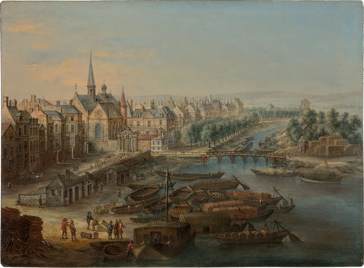 Uitzicht op het Arsenaal, de haven Saint Paul en de quai des Célestins in Parijs, 1730s door Charles Léopold van Grevenbroeck