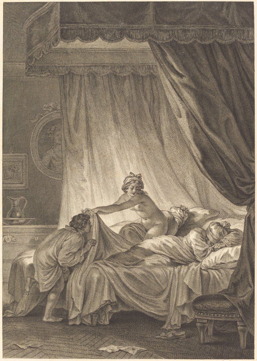 Joconde: Het Bed door Charles Louis Lingée after Jean Honoré Fragonard