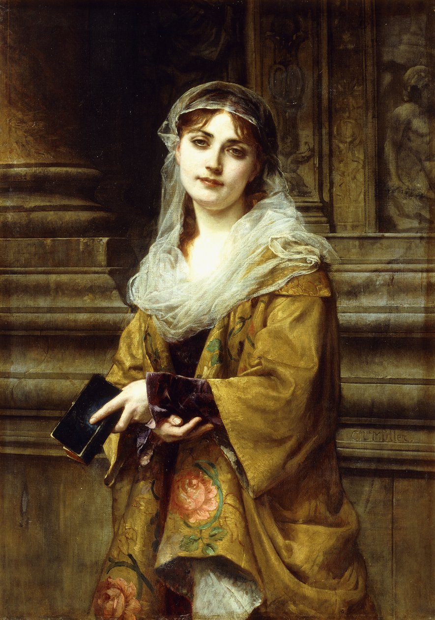 Een jonge vrouw buiten een kerk door Charles Louis Lucien Muller