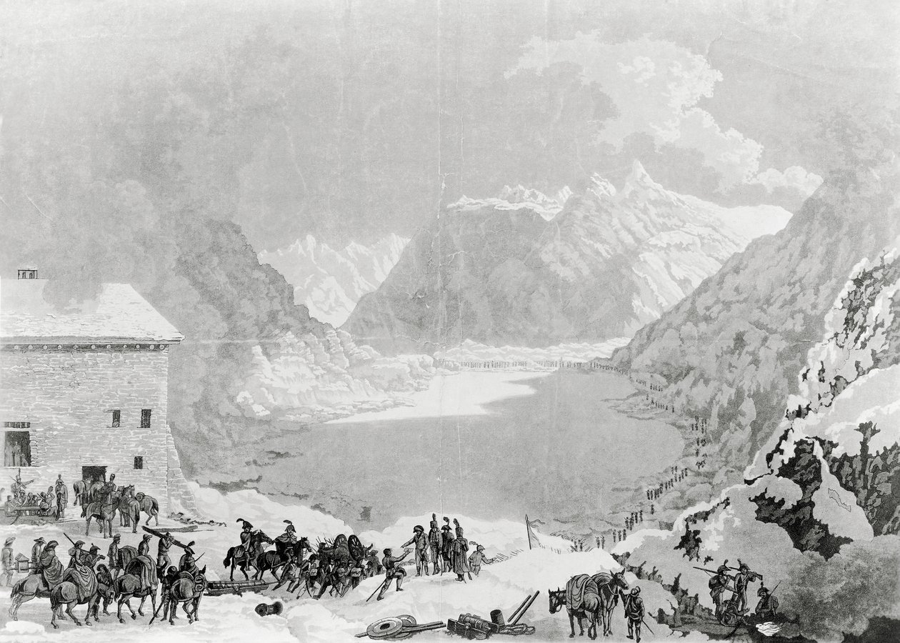 Franse leger van Eerste Consul Napoleon Bonaparte bij Great St Bernard Pass Hospice, 20 mei door Charles Louis Lucien Muller