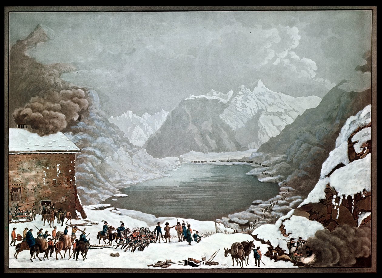 Napoleon Bonaparte (1769-1821) bij de St. Bernard Pass Hospice, 20 mei 1800, gegraveerd door Merou door Charles Louis Lucien Muller