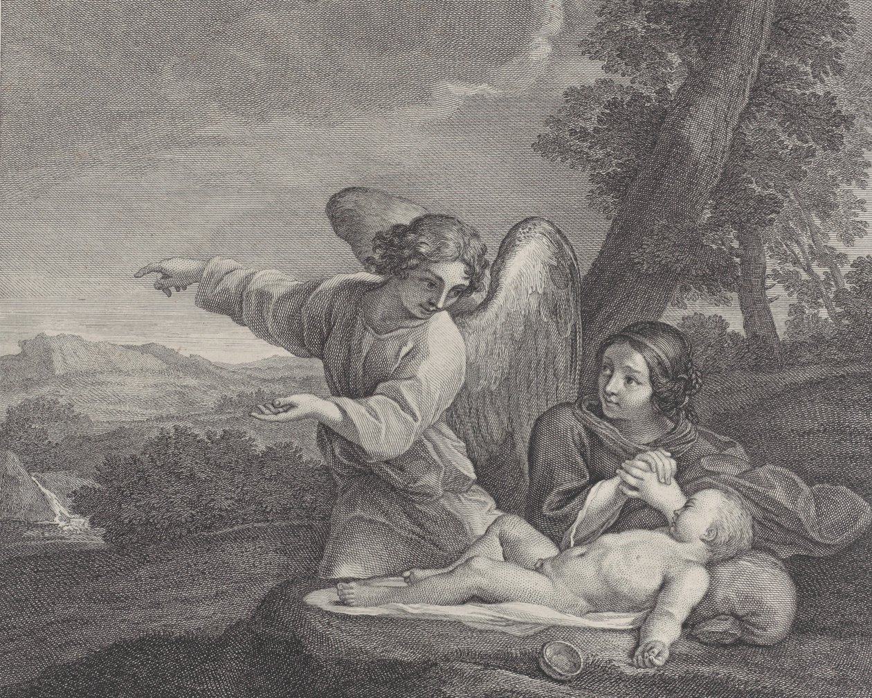 De engel verschijnt aan Hagar in de wildernis terwijl ze haar handen vouwt naast de slaap door Charles Louis Simonneau