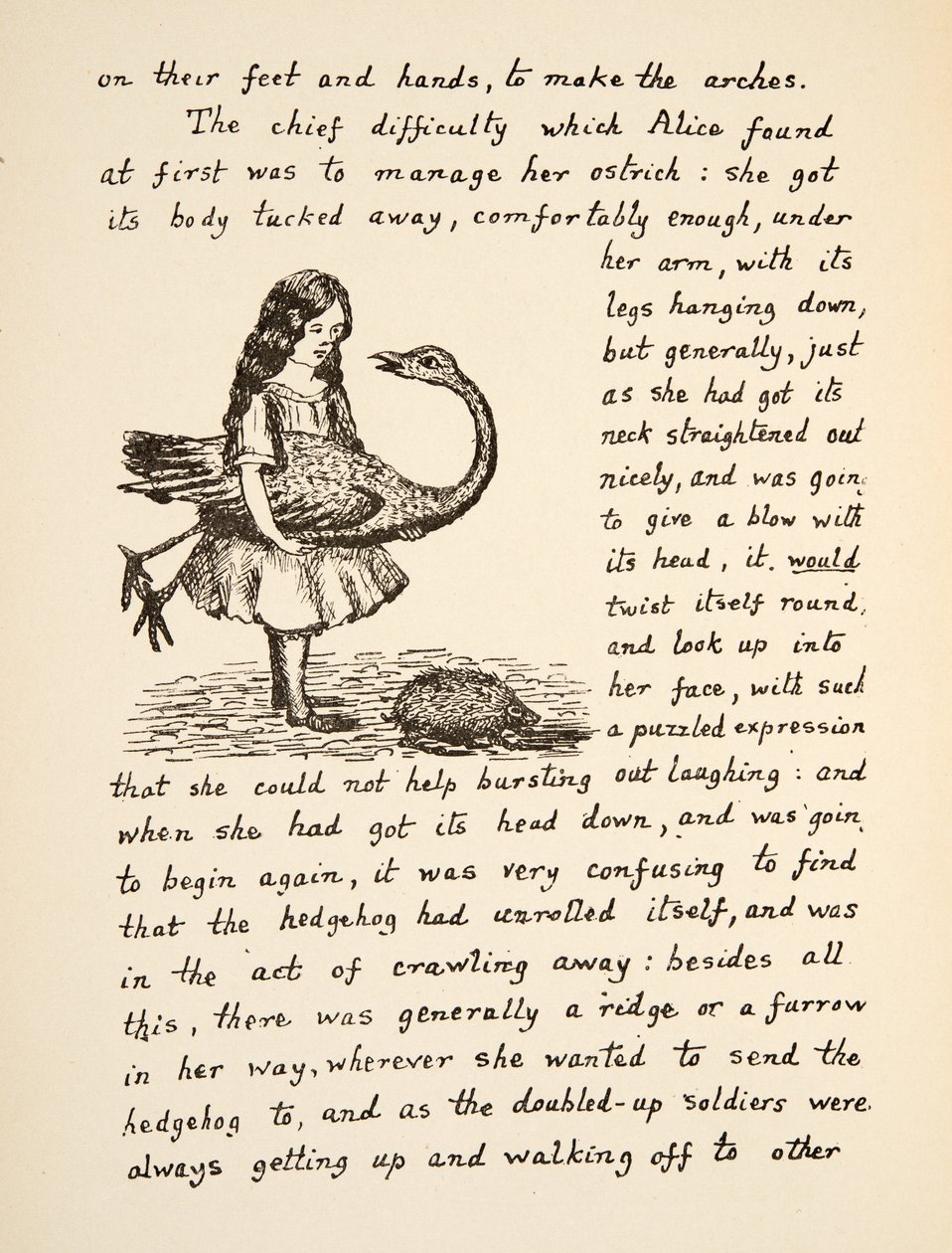 Alice houdt haar struisvogel vast, illustratie uit Alice