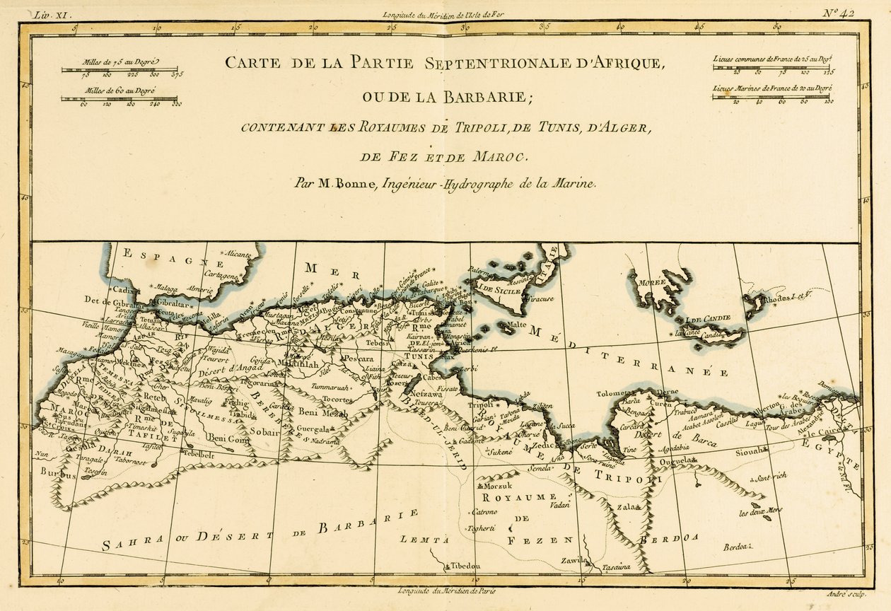 Noord-Afrika, inclusief de Koninkrijken Tripoli, Tunis, Algerije; Fez en Marokko, uit Atlas de Toutes les Parties Connues du Globe Terrestre door Guillaume Raynal (1713-96) gepubliceerd in Genève, 1780 door Charles Marie Rigobert Bonne