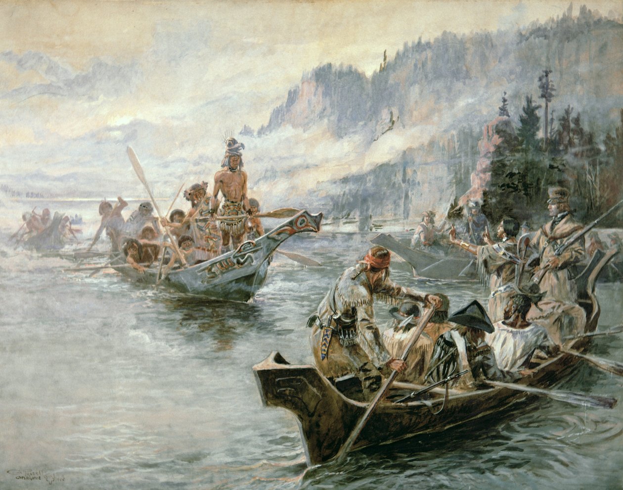 Lewis & Clark aan de Beneden-Columbia-rivier door Charles Marion Russell