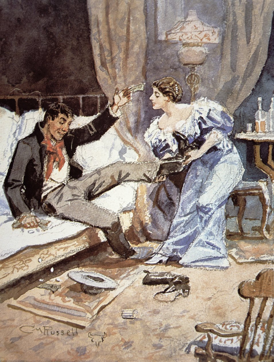 Saloonmeisje met een dronken cowboy, ca. 1898 door Charles Marion Russell