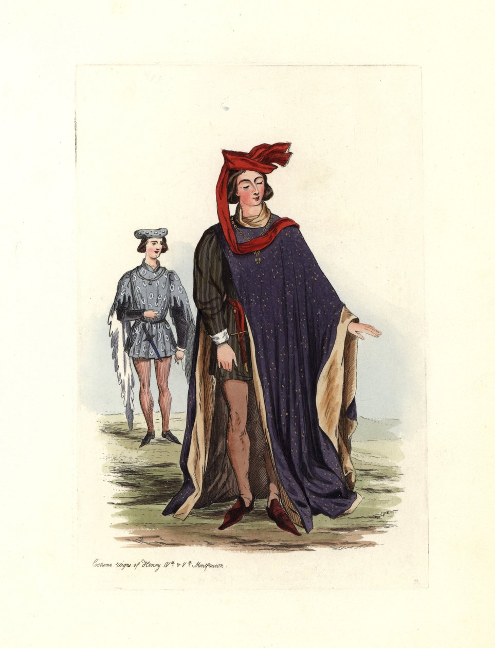 Typisch mannelijk kostuum tijdens de tijd van koning Hendrik IV en Hendrik V, illustratie uit 