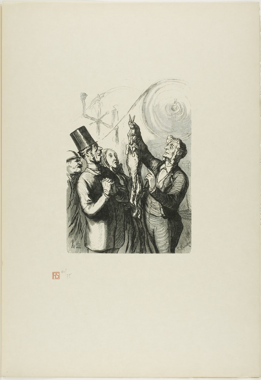 Op de Wereldtentoonstelling: De producent van vilten hoeden. Hier zie je een levend konijn, dat ik zo in de machine zal dumpen... door Charles Maurand