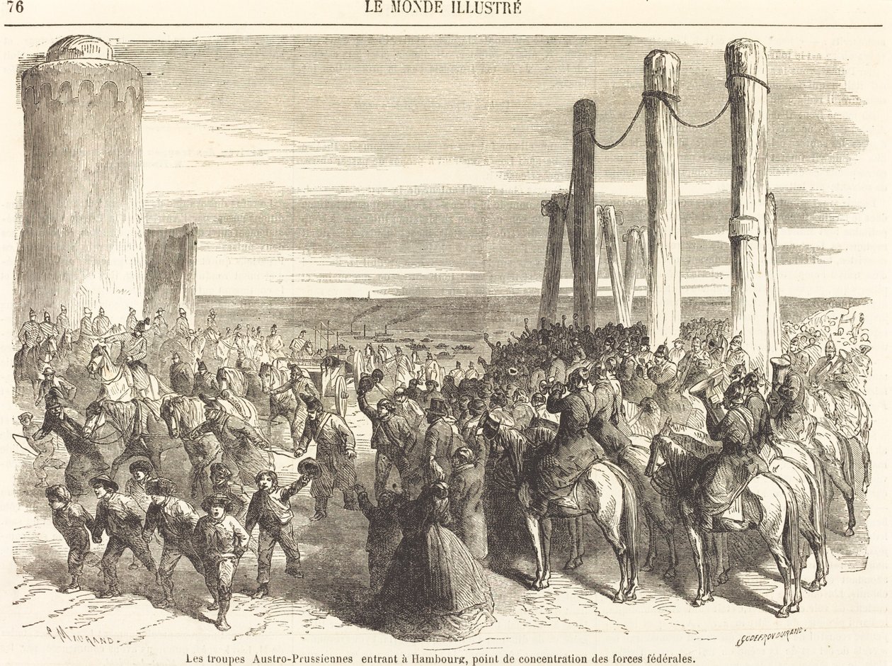 De Oostenrijks-Pruisische troepen betreden Hamburg... [bovenste helft] door Charles Maurand after Godefroy Durand